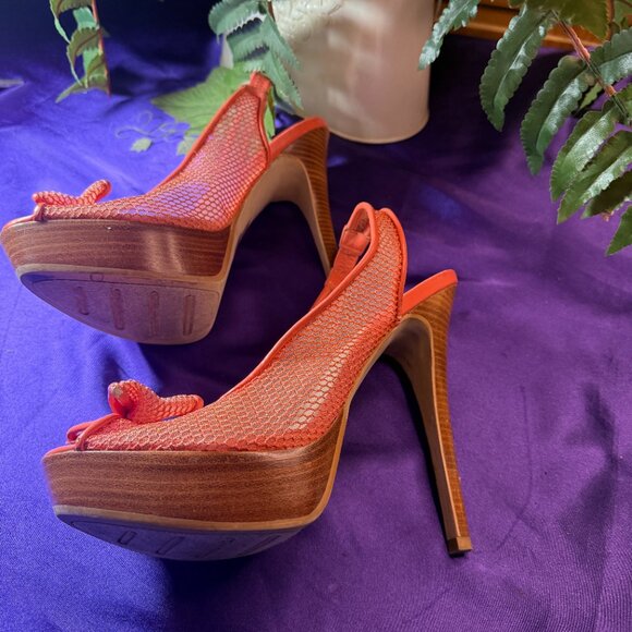 📌Michael  Fishnet Slingback 5.5" High Hell Sandals with Platform an Bow 9.5 M - Picture 4 of 16